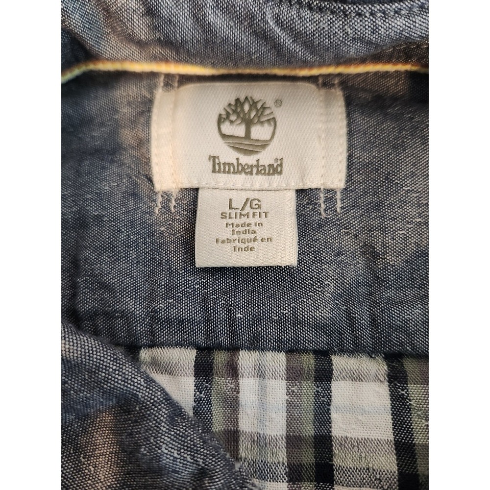 Timberland Mens Blue Chambray Long Sleeve Button Down Shirt Two Pocket Size L - Picture 11 of 14
